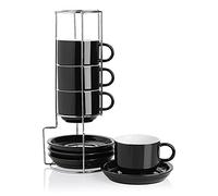 Sweejar Home Porcelain Cappuccino Cups with Saucers and Metal Stand, 230ml Stackable Espresso Cups for Specialty Coffee Drinks, Latte, Americano, Tea - Set of 4 (Black)