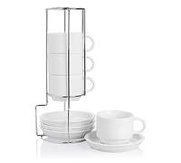 Sweejar Home Porcelain Cappuccino Cups with Saucers and Metal Stand, 230ml Stackable Espresso Cups for Specialty Coffee Drinks, Latte, Americano, Tea - Set of 4 (White)