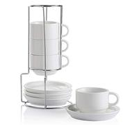Sweejar Home Porcelain Cappuccino Cups with Saucers and Metal Stand,Stackable Espresso Cups for Specialty Coffee Drinks, Latte, Americano, Tea - Set of 4 (White, 120ml)