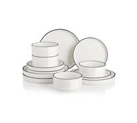 Sweejar Home Porcelain Dinnerware Sets for 4, 12 Pieces Ceramic Plates and Bowls Set, Classic Modern Simple Kitchen Dinner Dining Ware Set, Dishwasher and Microwave Safe Dishes Sets(White-Black Rim)