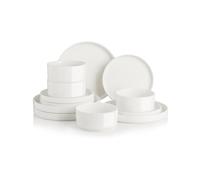 Sweejar Home Porcelain Dinnerware Sets for 4, 12 Pieces Ceramic Plates and Bowls Set, Classic Modern Simple Kitchen Dinner Dining Ware Set, Dishwasher and Microwave Safe Dishes Sets(Pure White)