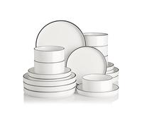Sweejar Home Porcelain Dinnerware Sets for 6, 18 Pieces Ceramic Plates and Bowls Set, Classic Modern Simple Kitchen Dinner Dining Ware Set, Dishwasher and Microwave Safe Dishes Sets(White-Black Rim)