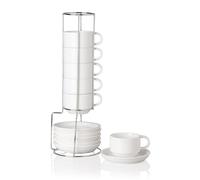 Sweejar Home Porcelain Espresso Cup & Saucer Set, Stackable Demitasse Cups with Metal Stand, 120ml for Latte,Coffee,Cafe Mocha,Tea, Set of 6 (White)