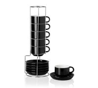 Sweejar Home Porcelain Espresso Cup & Saucer Set, Stackable Demitasse Cups with Metal Stand, 120ml for Latte,Coffee,Cafe Mocha,Tea, Set of 6 (Black)