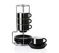 Sweejar Home Porcelain Espresso Cups with Saucers, 70ml Stackable Cappuccino Cups with Metal Stand for Coffee Drinks, Latte, Tea - Set of 4 (Black)