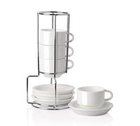 Sweejar Home Porcelain Espresso Cups with Saucers, 70ml Stackable Cappuccino Cups with Metal Stand for Coffee Drinks, Latte, Tea - Set of 4 (White)