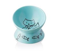 Sweejar Home Raised Cat Bowl for Dry Wet Food, Ceramic Elevated Pet Dish, Protect Spine, Stress Free, Slanted Design for Easy Eating, 295 ml, Dishwasher Safe (Turquoise)