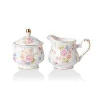Sweejar Home Royal Ceramic Sugar and Creamer Set, 3 Piece Set with Cream Pitcher, Sugar Bowl, Sugar Set with Lid & Spoon, Coffee Serving Set Wedding Gift (Small Flower)