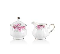 Sweejar Home Royal Ceramic Sugar and Creamer Set, 3 Piece Set with Cream Pitcher, Sugar Bowl, Sugar Set with Lid & Spoon, Coffee Serving Set Wedding Gift (Flower)