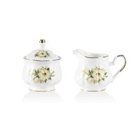 Sweejar Home Royal Ceramic Sugar and Creamer Set, 3 Piece Set with Cream Pitcher, Sugar Bowl, Sugar Set with Lid & Spoon, Coffee Serving Set Wedding Gift (Camellia)