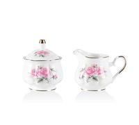 Sweejar Home Royal Ceramic Sugar and Creamer Set, 3 Piece Set with Cream Pitcher, Sugar Bowl, Sugar Set with Lid & Spoon, Coffee Serving Set Wedding Gift (Pink Flower)