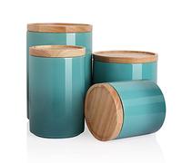 Sweejar Kitchen Canisters Ceramic Food Storage Jar Set, Stackable Containers with Airtight Seal Wooden Lid for Serving Ground Coffee, Tea, Herbs, Grains, Sugar, Salt - Set of 4 (Gradient Blue)