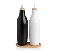 Sweejar Matte Ceramic Olive Oil Dispenser Bottles with Bamboo Tray, 17 Oz Oil Dispenser Set for Kitchen Counter, Opaque Oil Cruet for Cooking, EVOO, Vinegar, Avocado Oil, Pack of 2 (Black & White)