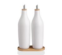 Sweejar Matte Ceramic Olive Oil Dispenser Bottles with Bamboo Tray, 17 Oz Oil Dispenser Set for Kitchen Counter, Opaque Oil Cruet for Cooking, EVOO, Vinegar, Avocado Oil, Pack of 2 (White & Tray)