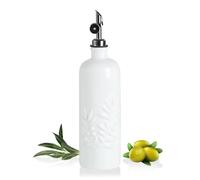 Sweejar Olive Oil Dispenser Bottle for Kitchen, 18 Oz Ceramic EVOO and Vinegar Dispenser with Spout, Relief Opaque Oil Container for Avocado, Leak Proof, Easy to Pour, Pack of 1(White, Silver Pourer)