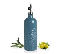 Sweejar Olive Oil Dispenser Bottle for Kitchen, 18 Oz Ceramic EVOO Vinegar Dispenser with Spout, Relief Opaque Oil Container for Avocado, Leak Proof, Easy to Pour, Pack of 1(Fogblue, Silver Pourer)