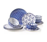 Sweejar Plates and Bowls Set for 4, 12 Pieces Handmade Ceramic Dinnerware Sets, Highly Scratch Resistant Dishes Set for Kitchen, Porcelain Dishwasher & Microwave Safe Dishes Set (Vintage Blue)