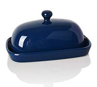 Sweejar Ceramic Butter Dish with Lid for Countertop,Porcelain Butter Keeper with Knob Handle,Butter Container for East/West Coast Butter, 7.1*3.7 inches (Navy)