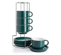 Sweejar Porcelain Cappuccino Cups with Saucers and Metal Stand, 8 Ounce Stackable Espresso Cups for Specialty Coffee Drinks, Latte, Americano, Tea - Set of 4 (Jade)