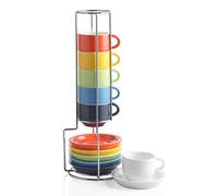 Sweejar Porcelain Espresso Cup & Saucer Set, Stackable Demitasse Cups with Metal Stand, 2.5 OZ for Latte,Coffee,Cafe Mocha,Tea, Set of 6(Multi)