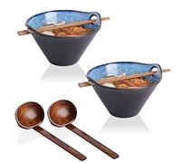 SWEEJAR Porcelain Ramen Bowls, Japanese Ramen Noodle Bowl with Chopsticks And Spoons, 30 oz Deep Bowl for Soup, Salad, Pho, Udon, Reactive Glaze, Set of 2 (Nebule Blue)