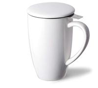 Sweejar Porcelain Tea Infuser Cup with Lid, 16 oz Tea Cup with Strainers for Loose Leaf Tea, Microwave and Dishwasher Safe Coffee Mug, Tea Steeping Mug for Tea Drinkers,Christmas Gift (White)