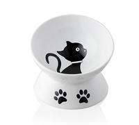 Sweejar Raised Cat Bowl, Ceramic Elevated Pet Bowl Cat Dish, Protect Cat's Spine, Stress Free, Slanted Design for Cat Easy Eating, 10 oz, Dishwasher Safe (White)