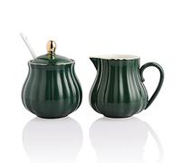 SWEEJAR Royal Ceramic Sugar & Creamer Set - 3 Piece Coffee Serving Set With Cream Pitcher, Sugar Bowl & Lid - Jade