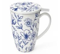 Sweese 15oz Porcelain Tea Mug with Infuser and Lid, Blue Floral | Loose Leaf Tea Cup, Microwave & Dishwasher Safe, Ergonomic Handle Tea Mug, Gifts for Tea Lover