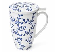 Sweese 15oz Porcelain Tea Mug with Infuser and Lid, Indigo Vine | Loose Leaf Tea Cup, Microwave & Dishwasher Safe, Ergonomic Handle Tea Mug, Gifts for Tea Lover