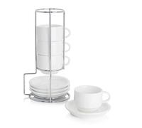 Sweese 404.401 Porcelain Stackable Espresso Cups with Saucers and Metal Stand - 2.5 Ounce - Set of 4, White