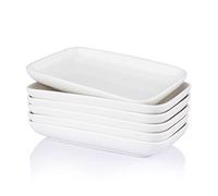 Sweese 8 Inch Rectangular Salad Plates, Porcelain Dessert Plates, Small White Serving Trays for Salad, Fruit, Sushi Appetizer and Parties - Stackable, Set of 6, White