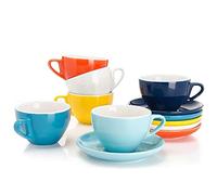 Sweese Porcelain Cappuccino Cups with Saucers - 6oz for Tea or Coffee, Drinks, Mocha Coffee Latte and Special - Pack of 6 Casual 6oz Hot Assorted