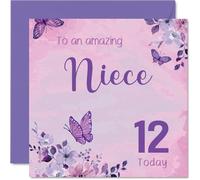 Sweet 12th Birthday Card for Niece - Bursting with Birthday Cheer - Pink and Purple Butterflies with Flowers - A Joyful Design for a Special Day - 145mm Square, Envelope Included