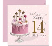 Sweet 14th Birthday Card - Make Their Big Day Sparkle - Pink Drip Cake with Gold Star and Heart Toppers on Confetti Background - 145mm Square, Envelope Included