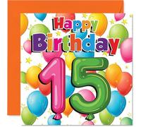 Sweet 15th Birthday Card - Colourful Birthday Vibes - Balloons and Stars in a Vibrant Multicolour Design - Perfect for a Cheerful Milestone - 145mm Square, Envelope Included