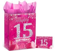 Sweet 15th Gift Bag for Teen Girls, Pink 15th Birthday Wrapping Paper Bag with Greeting Card and Tissue Paper 15 Years Old Happy Birthday Kraft Gift Bag for Girls Fifteen Bday Decorations Supplies