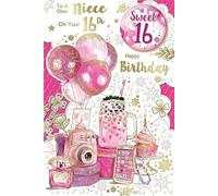 Sweet 16 Birthday Card for Niece with Badge, Pink Luxury 3D Embossed Design, Balloons Cake and Gifts Theme, 9 x 6 Inch