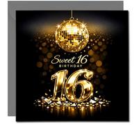 Sweet 16 Birthday Card - Gold Disco Ball & Design - 145mm x 145mm Square -, Includes Dark Grey Envelope