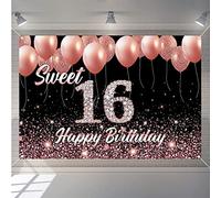 Sweet 16 Birthday Decoration for Girl, Happy 16th Birthday Backdrop Banner, 16 Years Old Fabric Sign Poster, Glitter Rose Gold Photography Background Sweet 16 Party Supplies, 150cm x 90cm