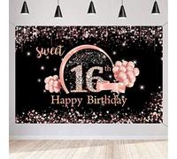 Sweet 16 Birthday Decoration for Girl, Happy 16th Birthday Backdrop Banner, Sweet 16 Fabric Sign Poster Party Supplies, Black and Rosegold Photography Background, 150x90cm
