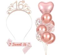 Sweet 16 Birthday Decorations Set, Including 16th Birthday Sash and Tiara, Rose Gold Balloons, Sweet Sixteen Birthdays Gifts for Girls Happy Birthdays Party Favor Supplies