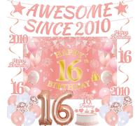 Sweet 16 Birthday Party Decorations - 32 Pcs Rose Gold Awesome Since 2010 Banner Backdrop Number 16 Foil Balloons Hanging Swirls Cake Toppers Supplies for Girls Women 16th Year Old Decor Gifts