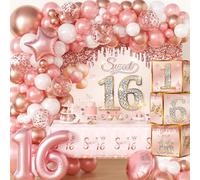 Sweet 16 Birthday Party Decorations Pink Rose Gold Girl Sixteen 16 years old Party Supplies with Backdrop Banner Foil Balloons Table Cloth Garland and Sweet Decorations Boxes
