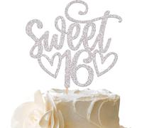 Sweet 16 Cake Topper 16 th Glitter Cake Topper Sweet Teenager Birthday Cake Pick, Sixteen Years Old Rose Gold Topper for Cake, Happy Sweet 16 Party Decoration Supplies (Silver)