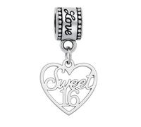 Sweet 16 Charm Bead - Silver Heart Dangle Pendant for Sixteenth Birthday - Compatible with Pandora, Troll, Chamilia & European Bracelets - Gift for 16th Birthday Celebration