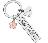Sweet 16 Gifts for Girls,16th Happy Birthday Keychain,Stainless Steel Engraved Inspirational Blessing Keyring with Pink Flower Birthday Gift Keepsake for Girl Stay Safe Have Fun & Make Good Choices