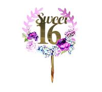 Sweet 16 Happy Birthday Cake Topper 16th Anniversary Elegant Flower Decoration UK Acrylic Gold