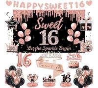 Sweet 16 Party Decorations for Girls, Black Rose Gold 16th Birthday Decor Set with Crown, Sash, Happy Sweet 16 Banner, Backdrop, Cake Topper, Balloons, Hanging Swirls & Honeycomb Centerpieces
