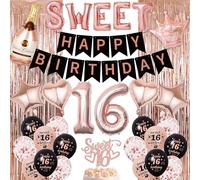 Sweet 16 Party Decorations Girls - 36 Pcs Rose Gold Happy Birthday Banner Foil Confetti Balloons Giant Fringe Curtain(78.7"X39.3") Cake Topper For Girls 16 Birthday Decoration 16th Party Supplies
